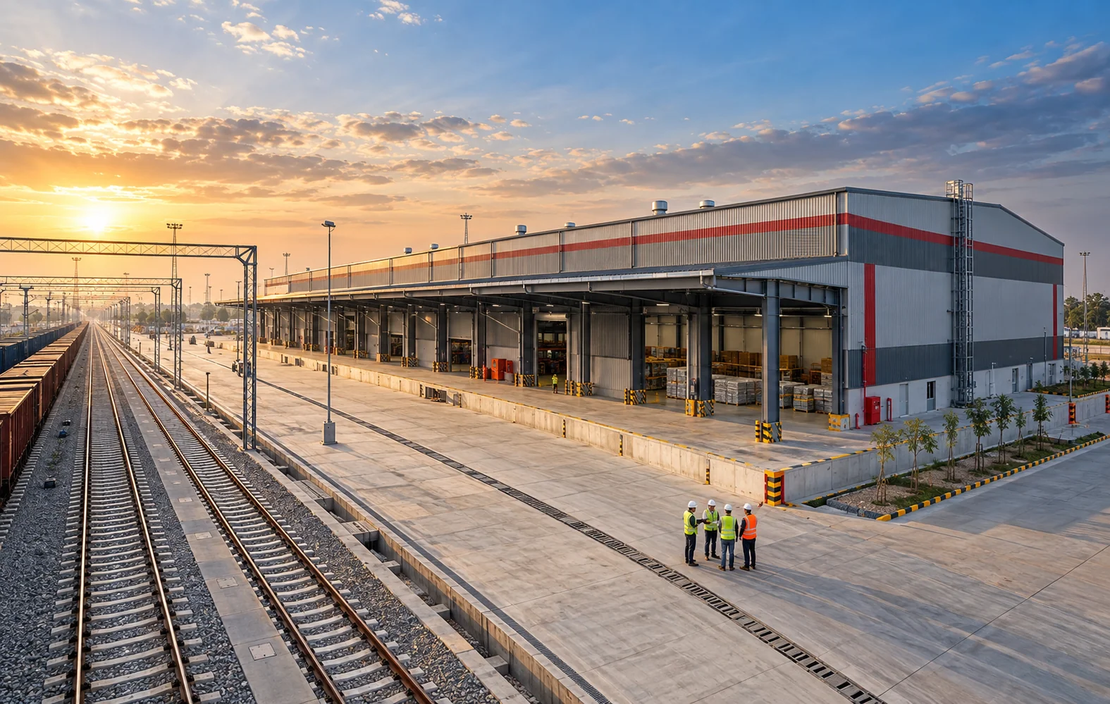 Pre-engineered warehouse alongside railway siding at sunset