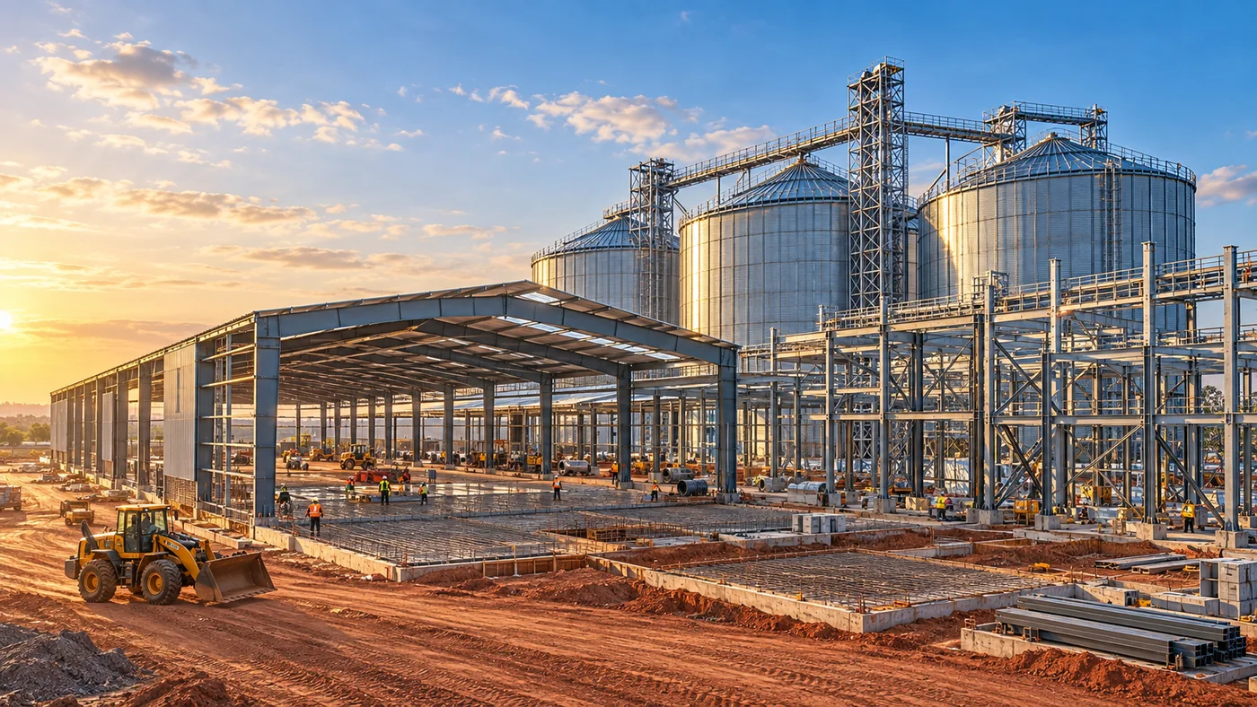 PEB warehouse and silo complex under construction at sunrise