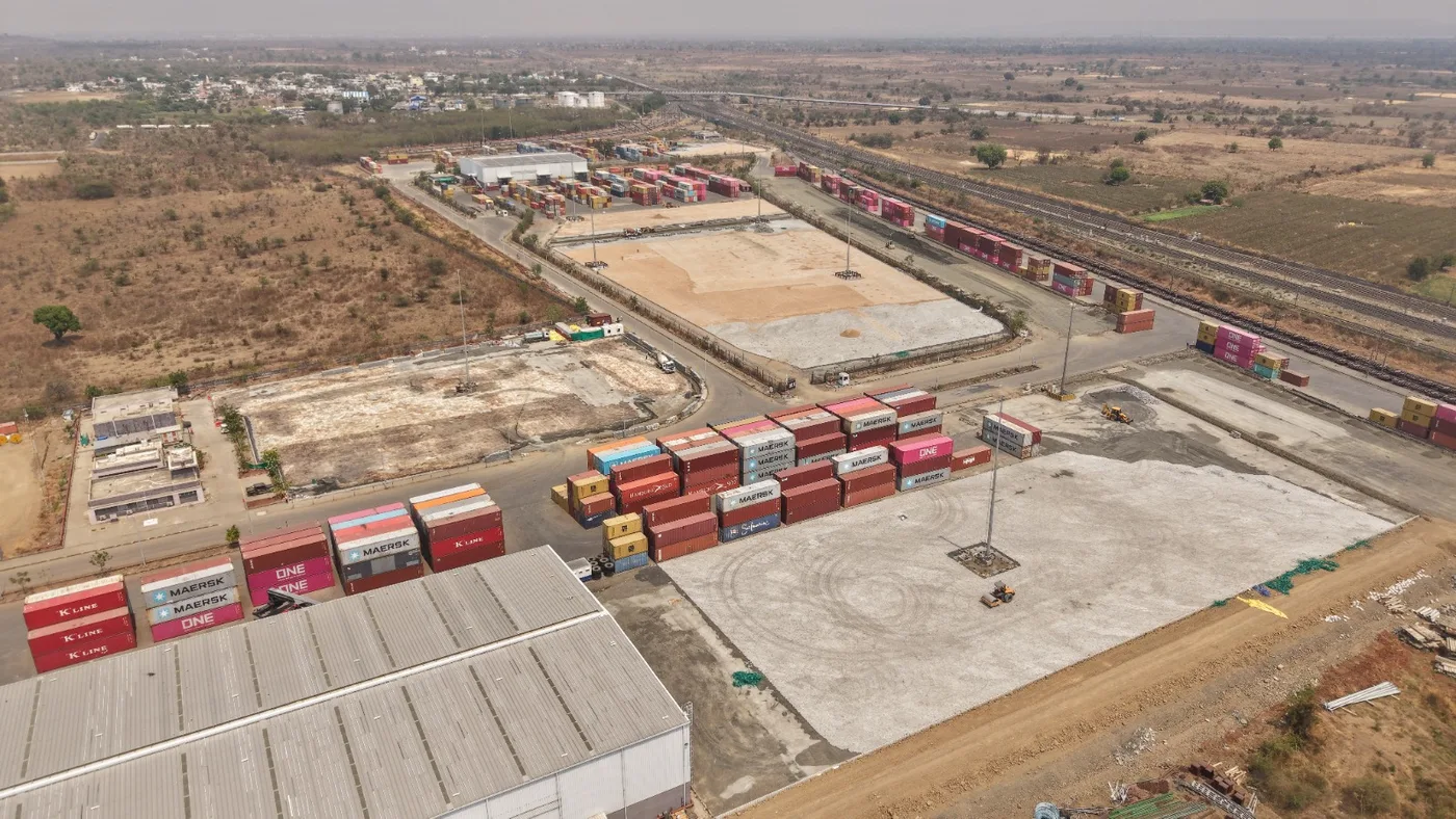 Wide aerial view of the Nagpur ICD yard and container terminal